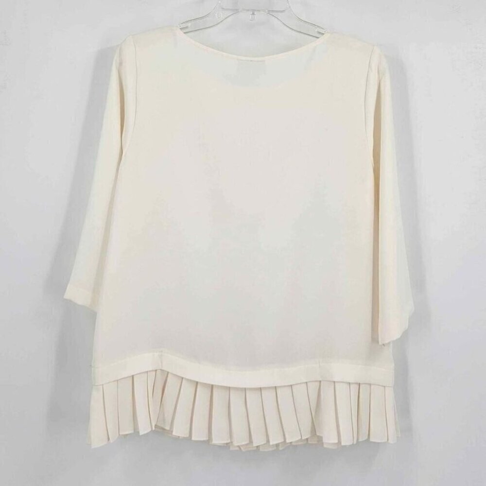 New J. Jill Womens Sz S Cream Chiffon Blouse Pleated Border Hem 3/4 Sleeve - Picture 2 of 5